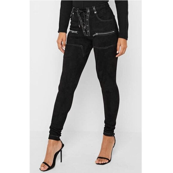 Maniere De Voir Faux Suede Leather Lace Up Leggings In Black Size 4 - Picture 1 of 9